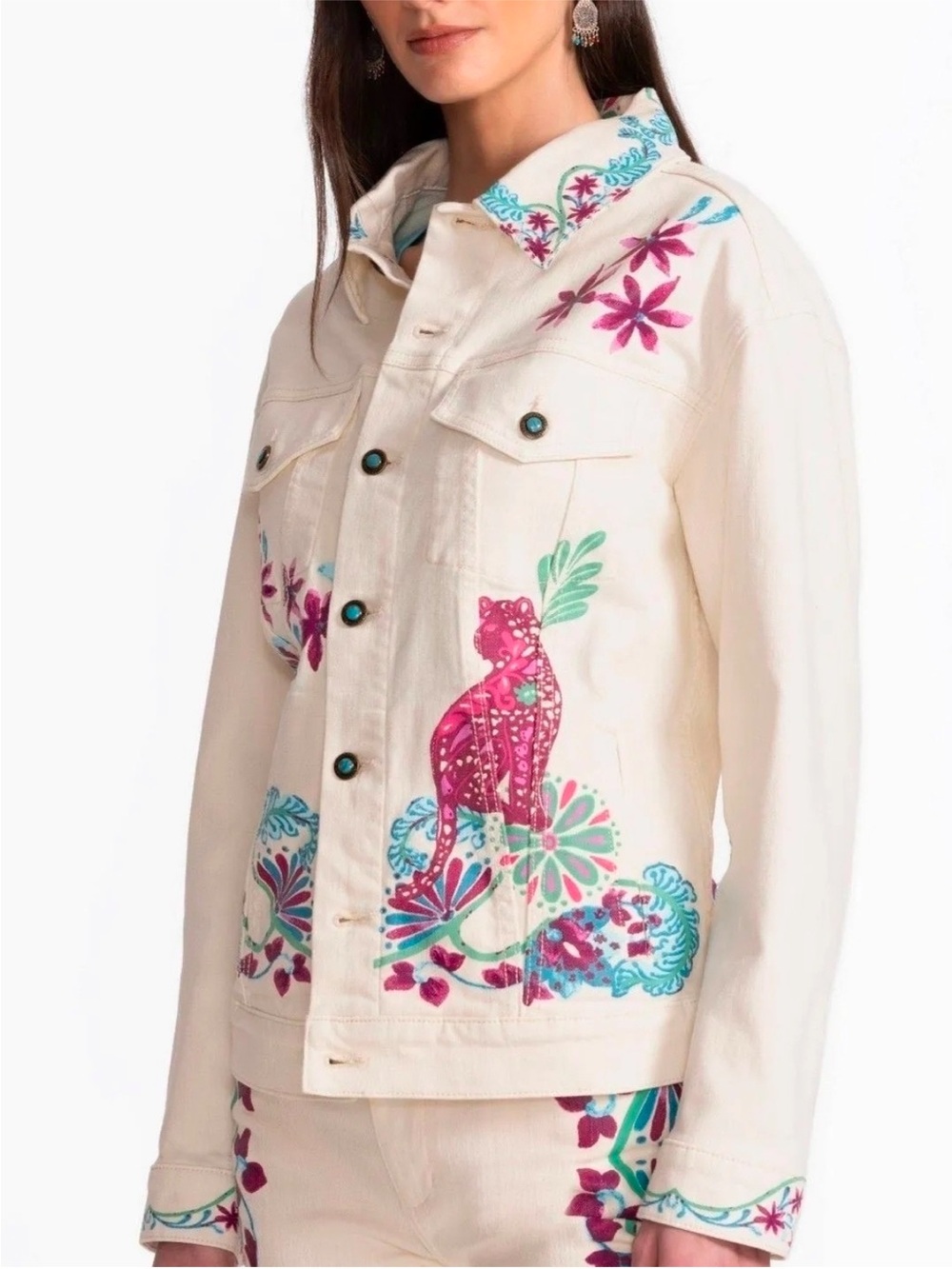 Johnny Was Leilana Cream Denim Jacket with Pink & Aqua
Embroidery  NWTs  Medium